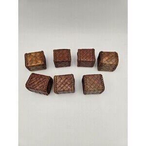 Set of 7 Square Napkin Rings Woven Rattan Basket Weave Pattern